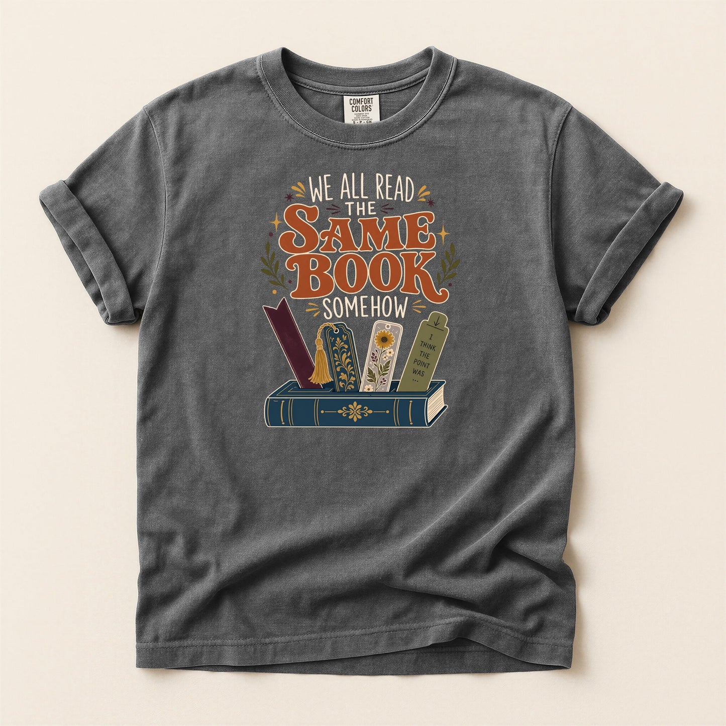 We All Read the Same Book Somehow bookish tee in Pepper, full flat