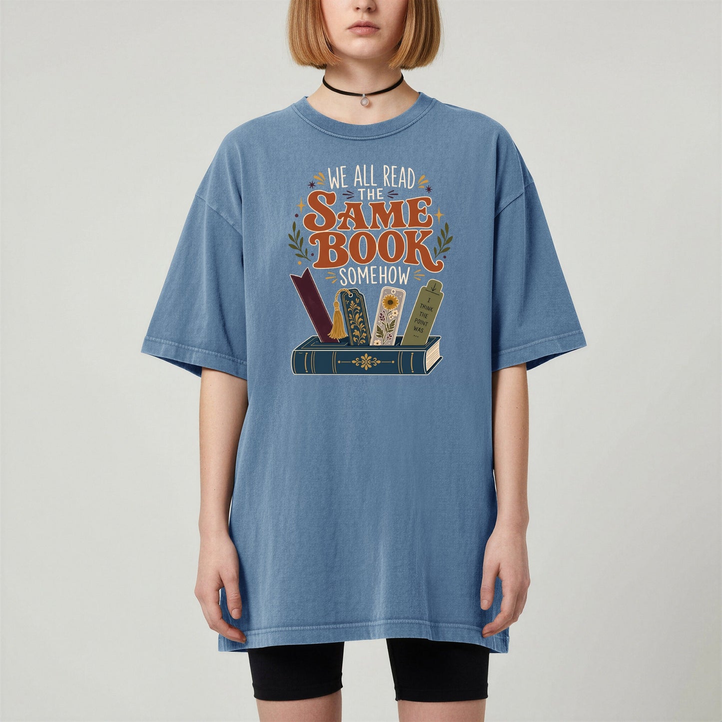 We All Read the Same Book Somehow bookish tee in Blue Jean, worn