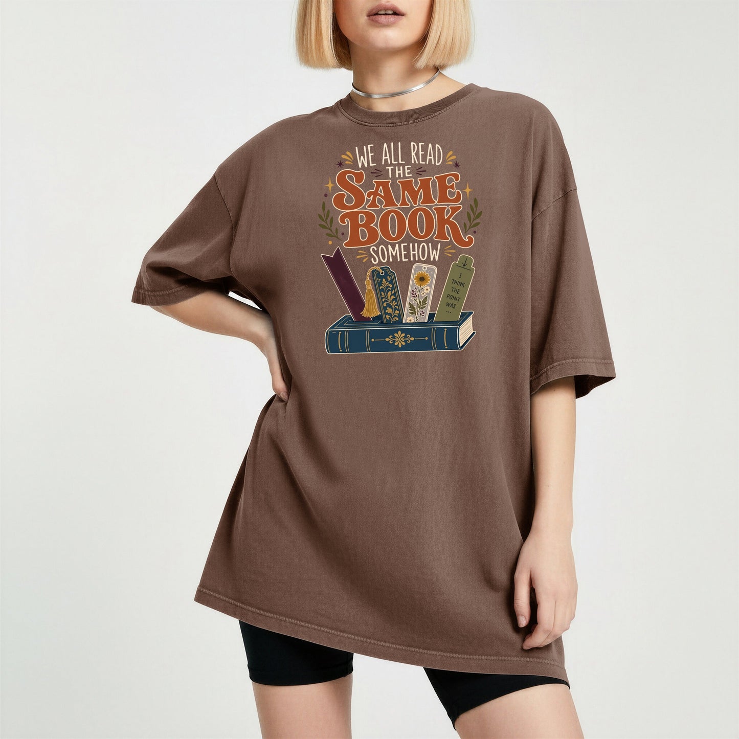 We All Read the Same Book Somehow bookish tee in Espresso, worn