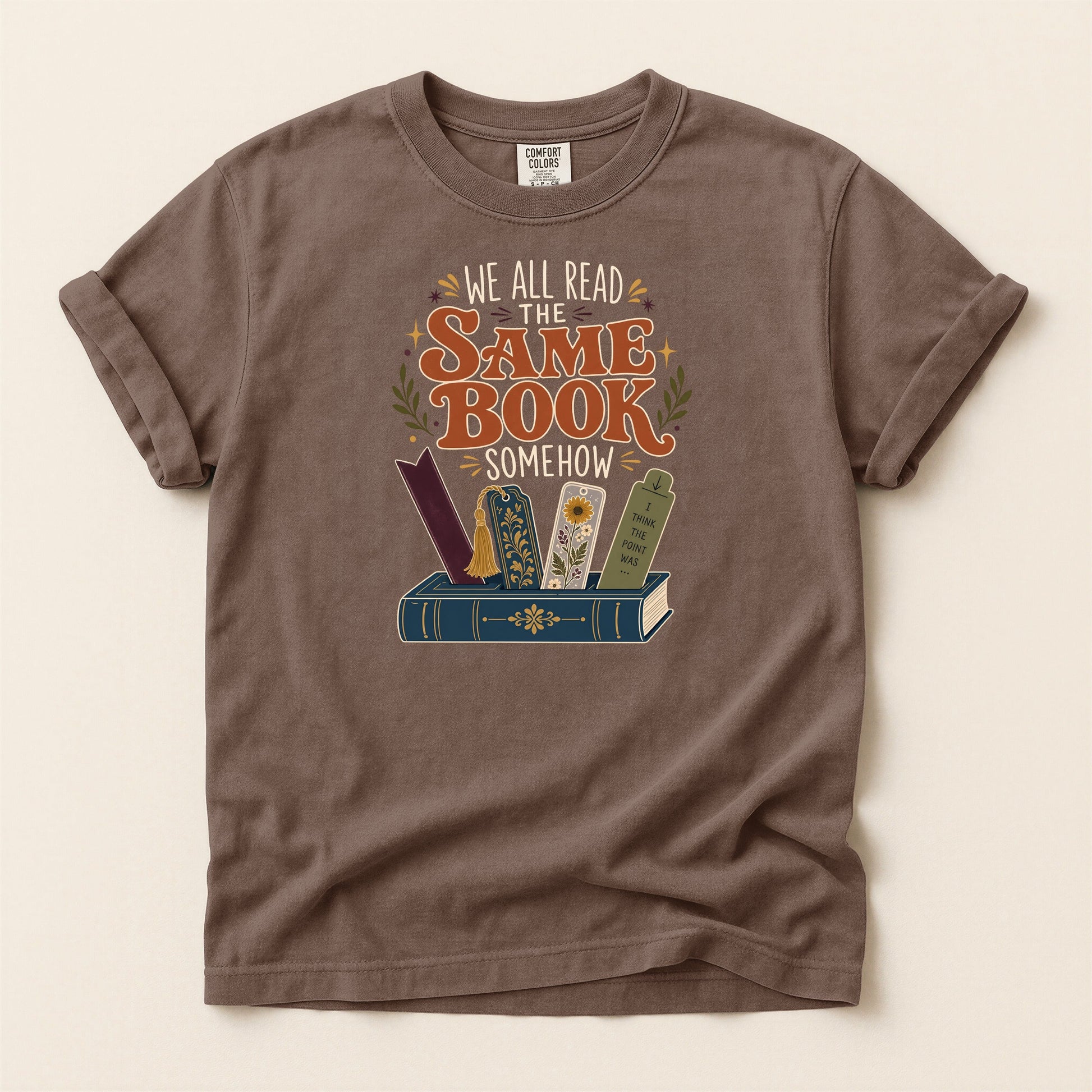 We All Read the Same Book Somehow bookish tee in Espresso, full flat