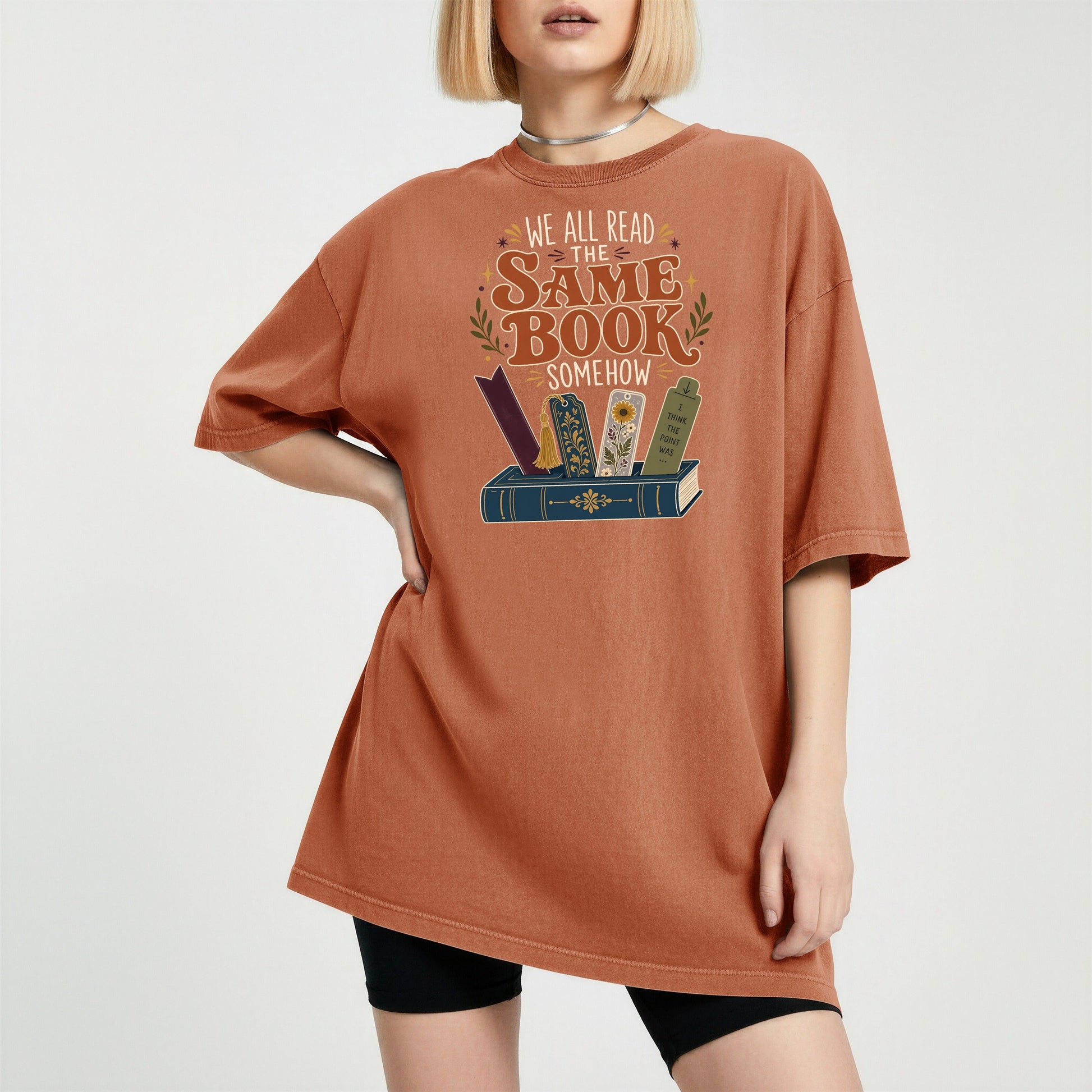 We All Read the Same Book Somehow bookish tee in Yam, worn