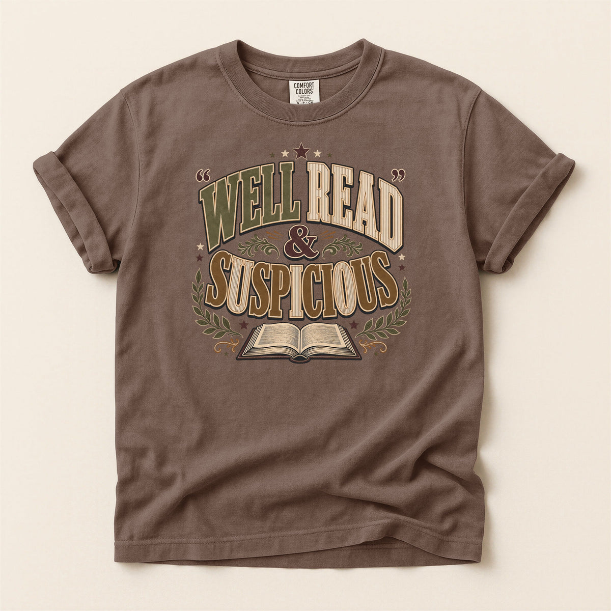 Shelf Love Studio Well Read & Suspicious t-shirt in Espresso, flat