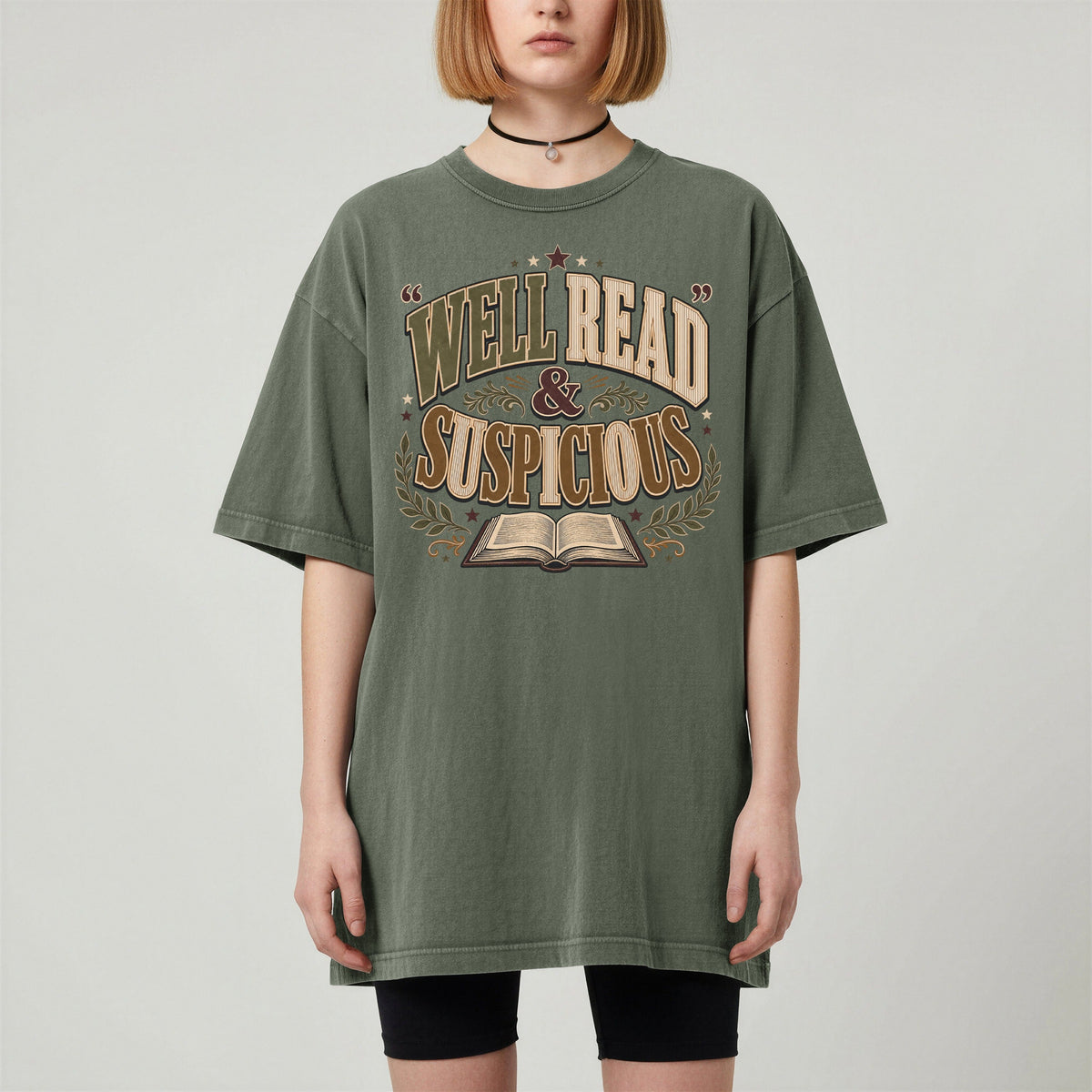 Shelf Love Studio Well Read & Suspicious t-shirt in Moss, worn