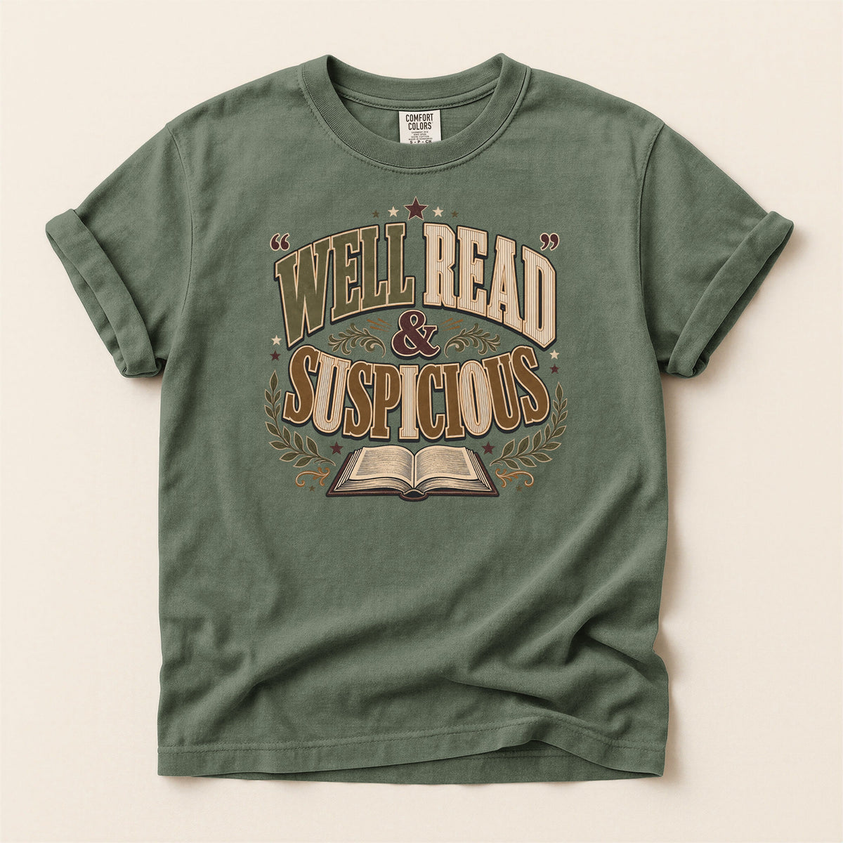 Shelf Love Studio Well Read & Suspicious t-shirt in Moss, flat