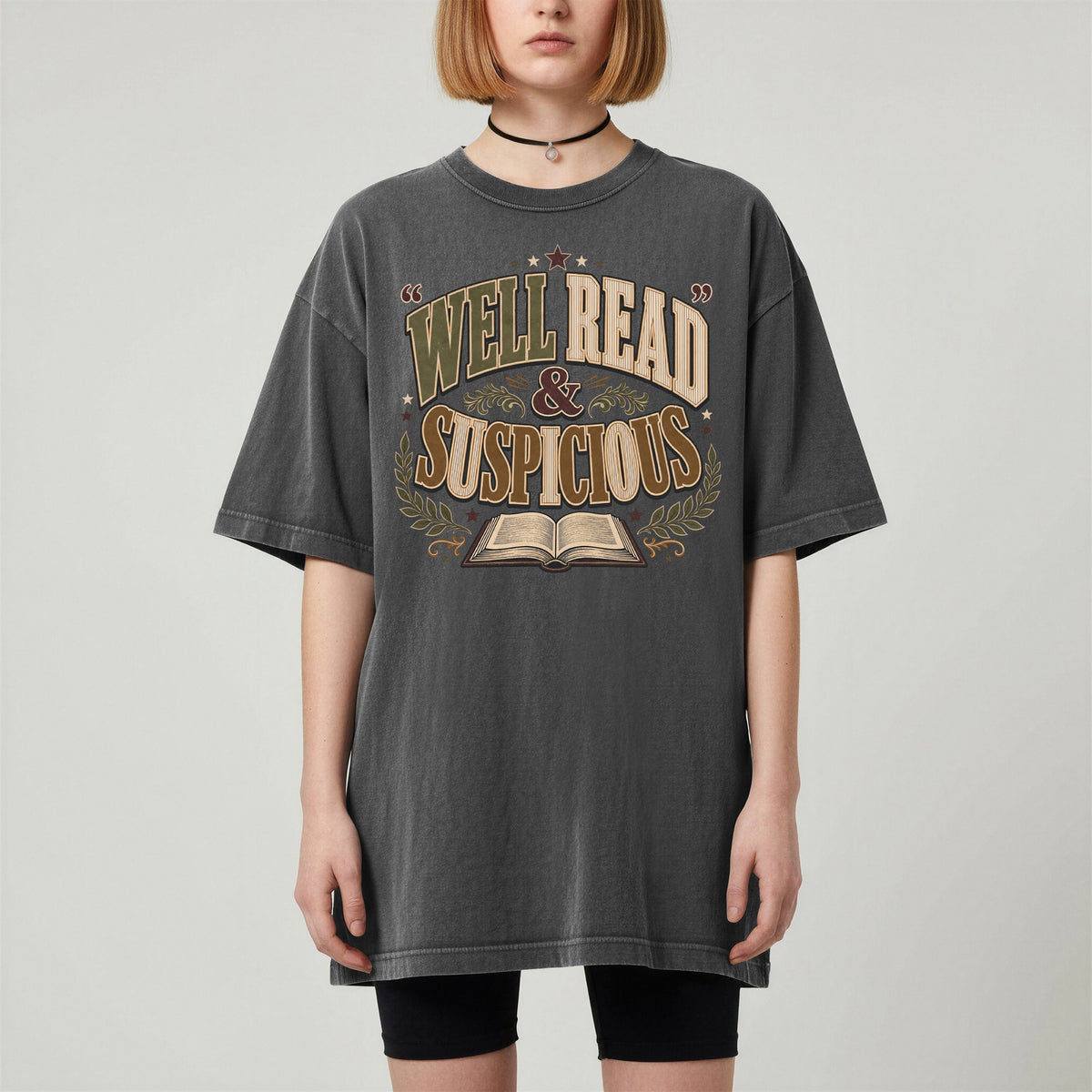 Shelf Love Studio Well Read & Suspicious t-shirt in Pepper, worn