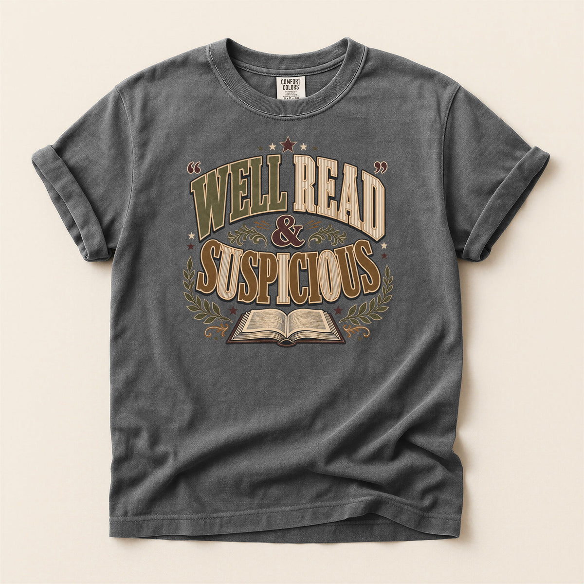 Shelf Love Studio Well Read & Suspicious t-shirt in Pepper, flat
