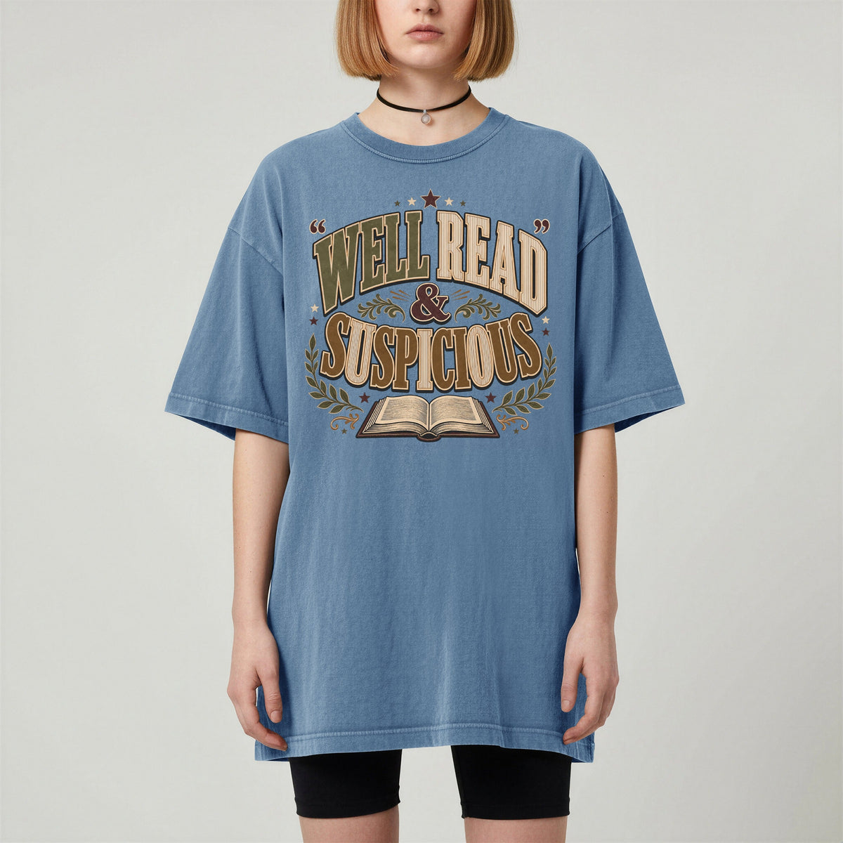 Shelf Love Studio Well Read & Suspicious t-shirt in Blue Jean, worn