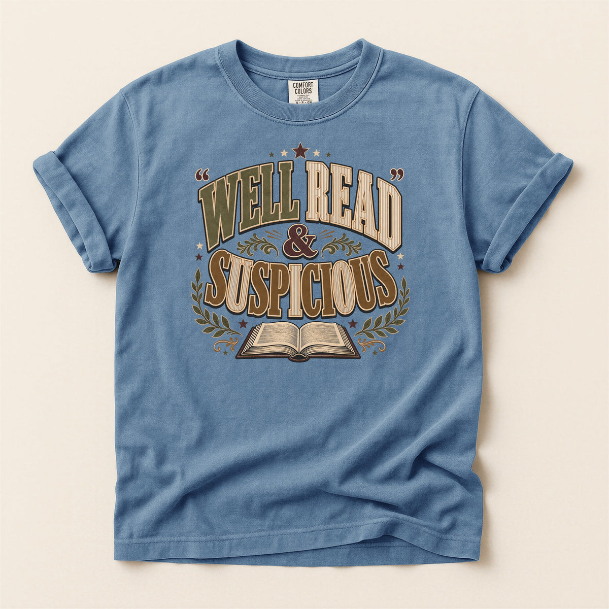 Shelf Love Studio Well Read & Suspicious t-shirt in Blue Jean, flat