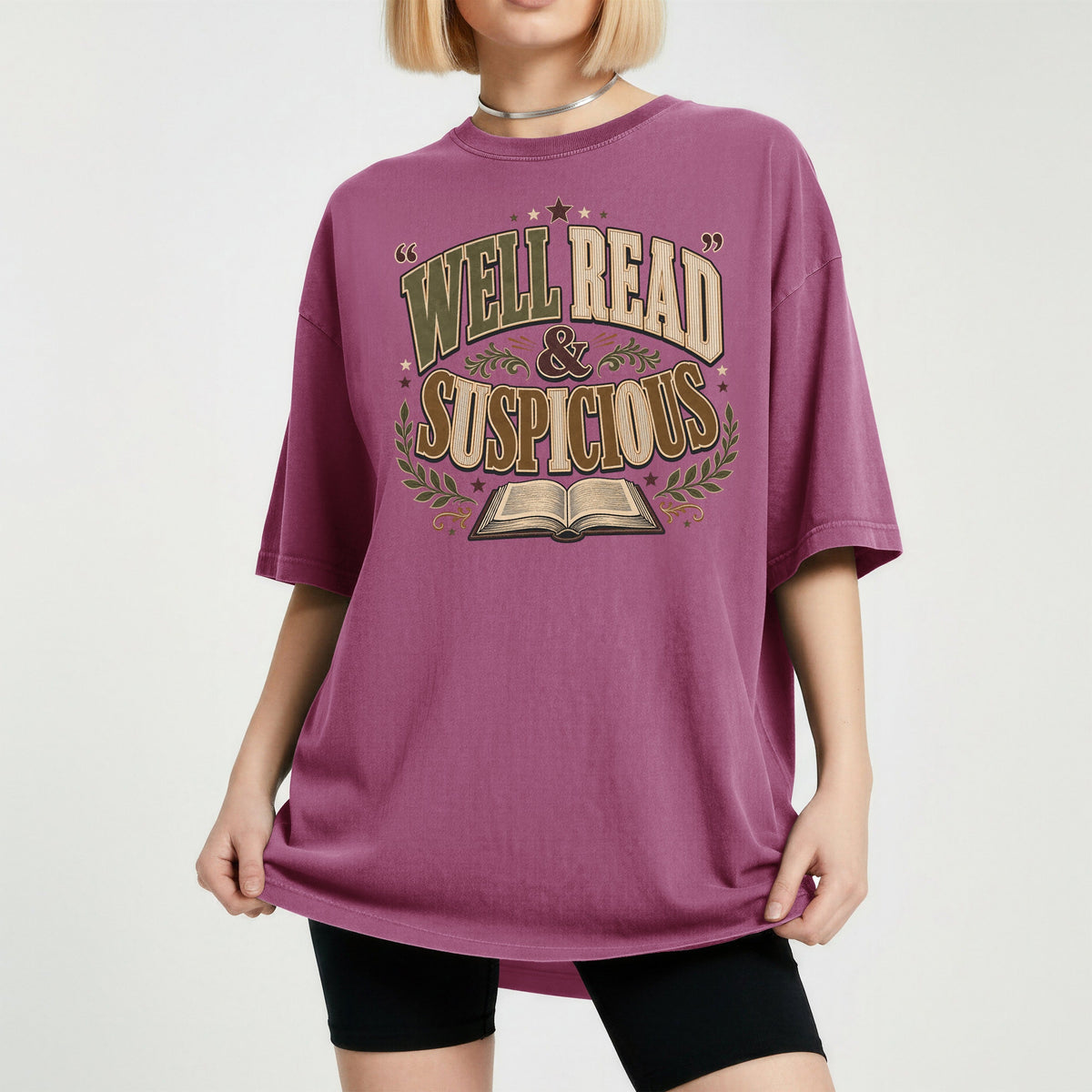 Shelf Love Studio Well Read & Suspicious t-shirt in Berry, worn