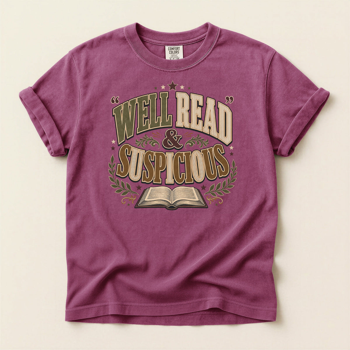 Shelf Love Studio Well Read & Suspicious t-shirt in Berry, flat