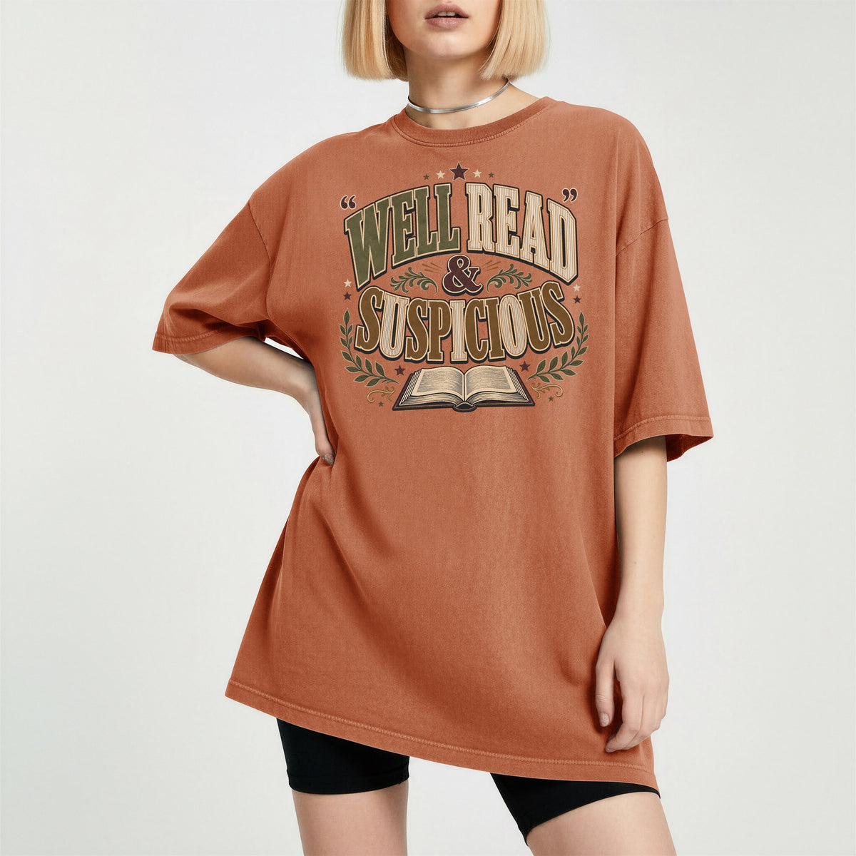 Shelf Love Studio Well Read & Suspicious t-shirt in Yam, worn