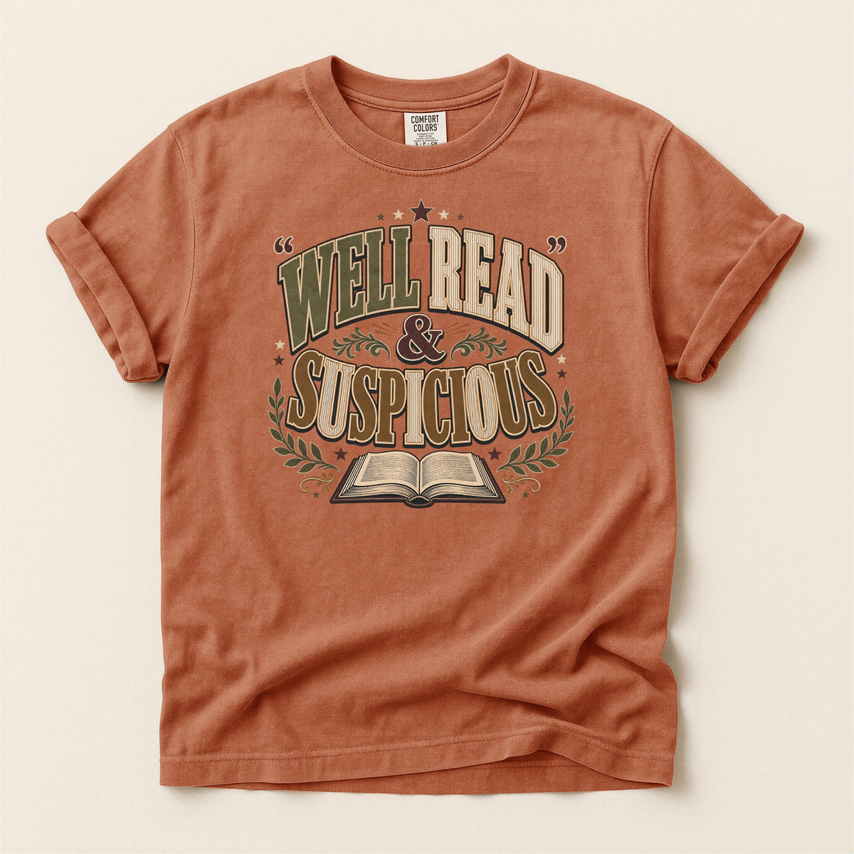 Shelf Love Studio Well Read & Suspicious t-shirt in Yam, flat