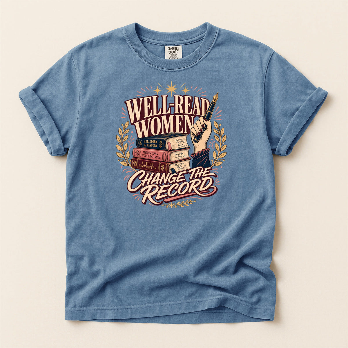 Shelf Love Studio Well-Read Women Change the Record t-shirt in Blue Jean, flat