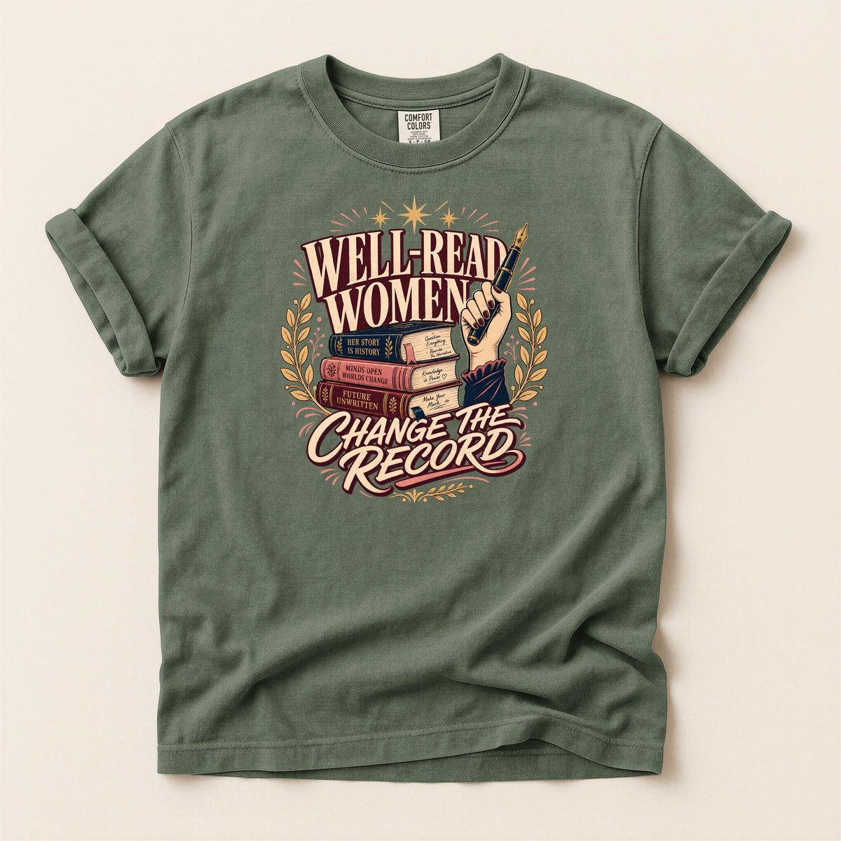 Shelf Love Studio Well-Read Women Change the Record t-shirt in Moss, flat