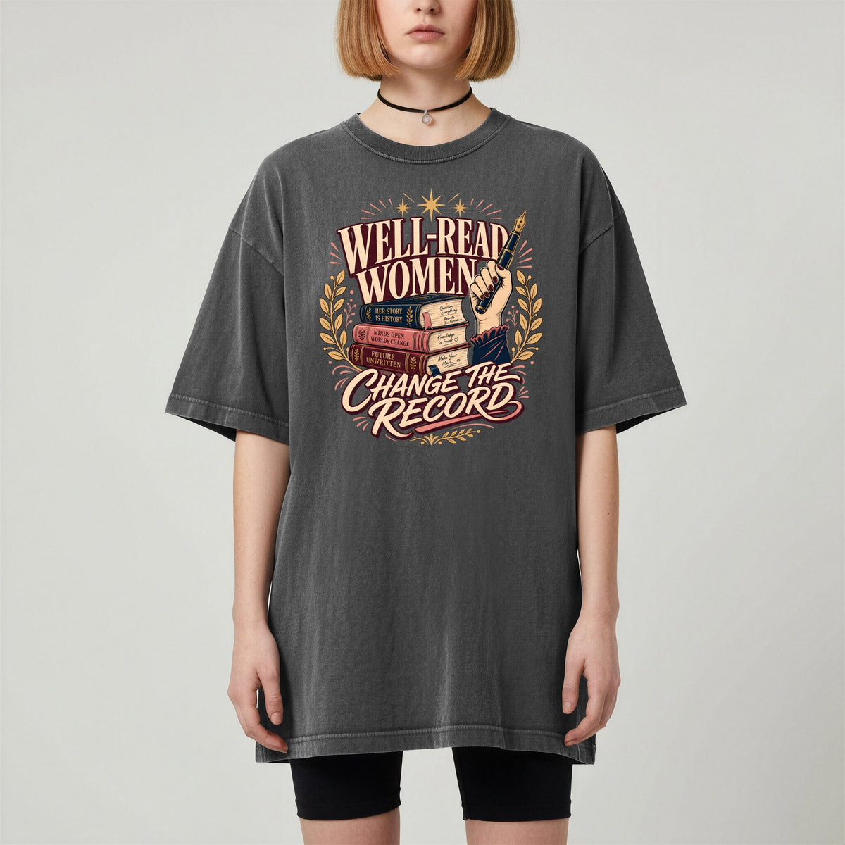 Shelf Love Studio Well-Read Women Change the Record t-shirt in Pepper, worn