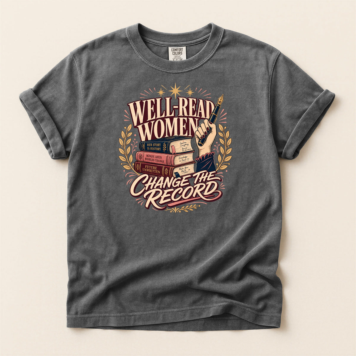 Shelf Love Studio Well-Read Women Change the Record t-shirt in Pepper, flat