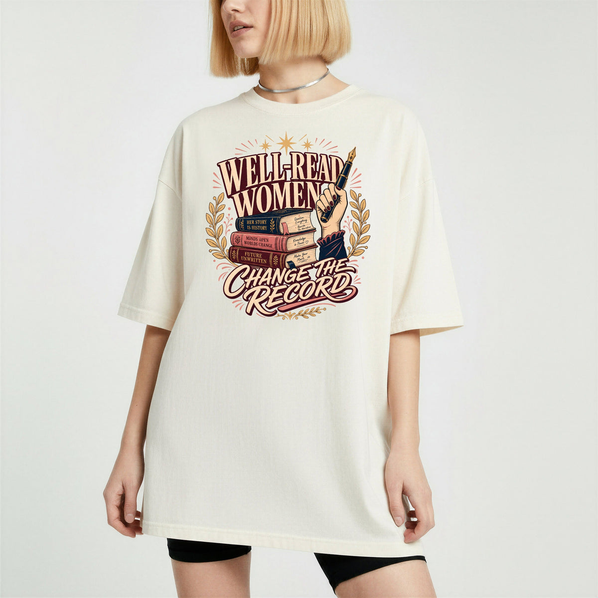Shelf Love Studio Well-Read Women Change the Record t-shirt in Ivory, worn