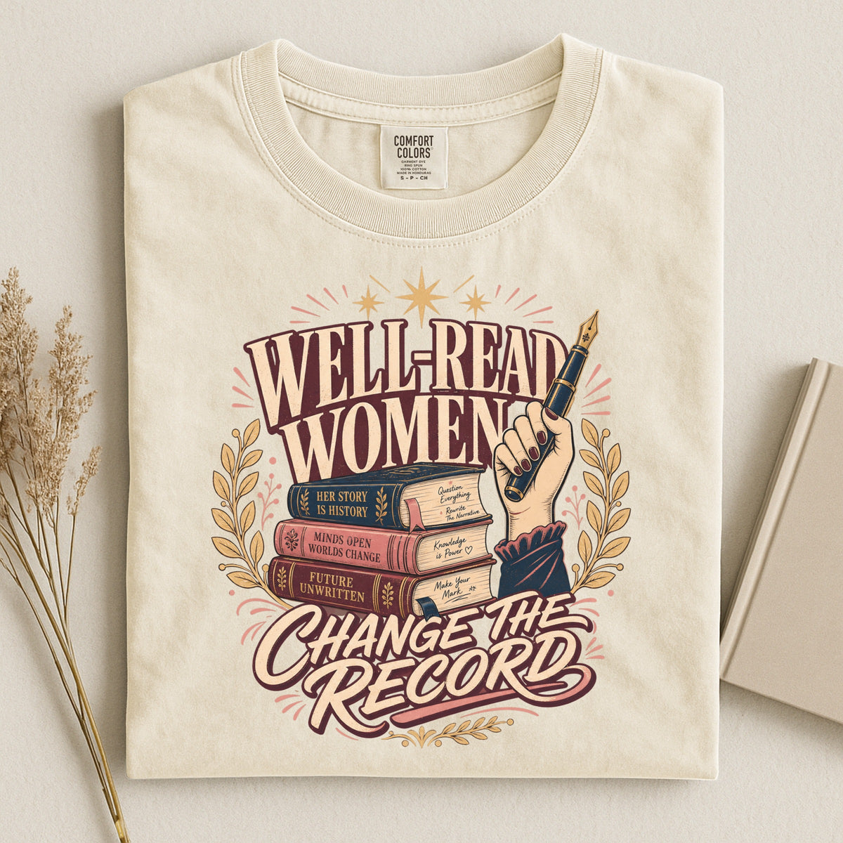 Shelf Love Studio Well-Read Women Change the Record t-shirt in Ivory, styled flat lay