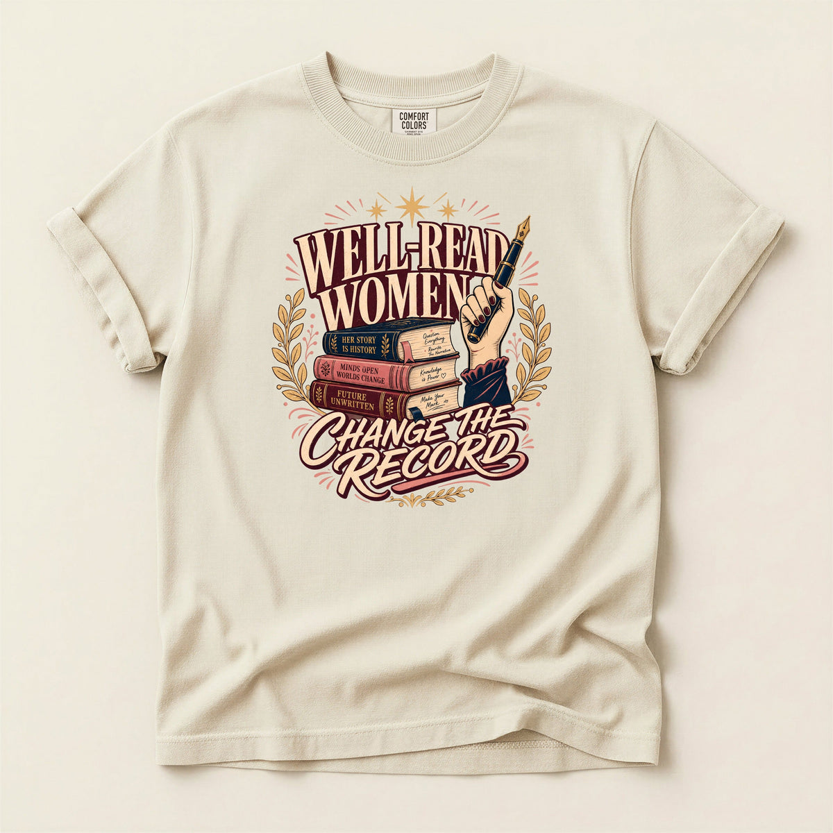 Shelf Love Studio Well-Read Women Change the Record t-shirt in Ivory, flat
