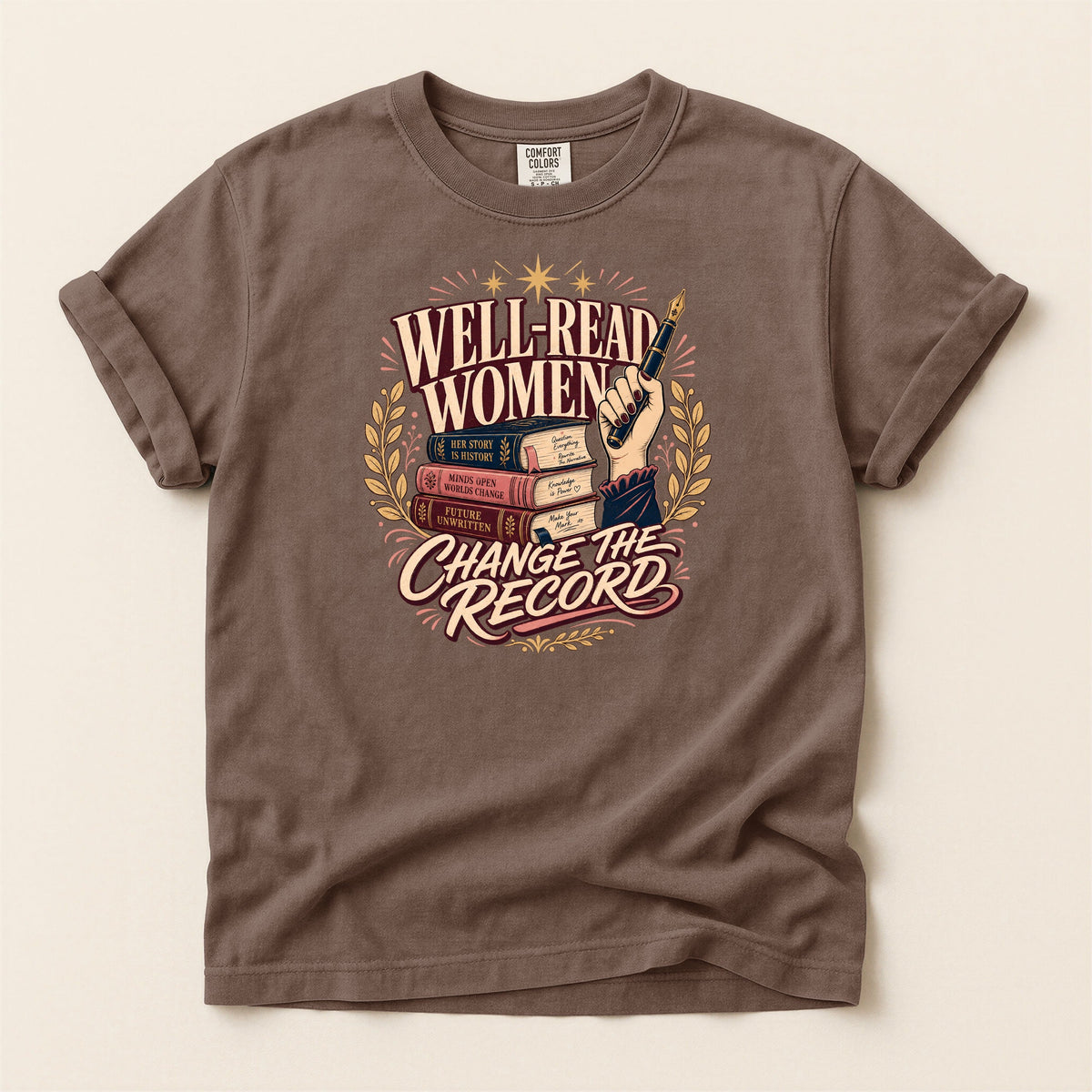Shelf Love Studio Well-Read Women Change the Record t-shirt in Espresso, flat
