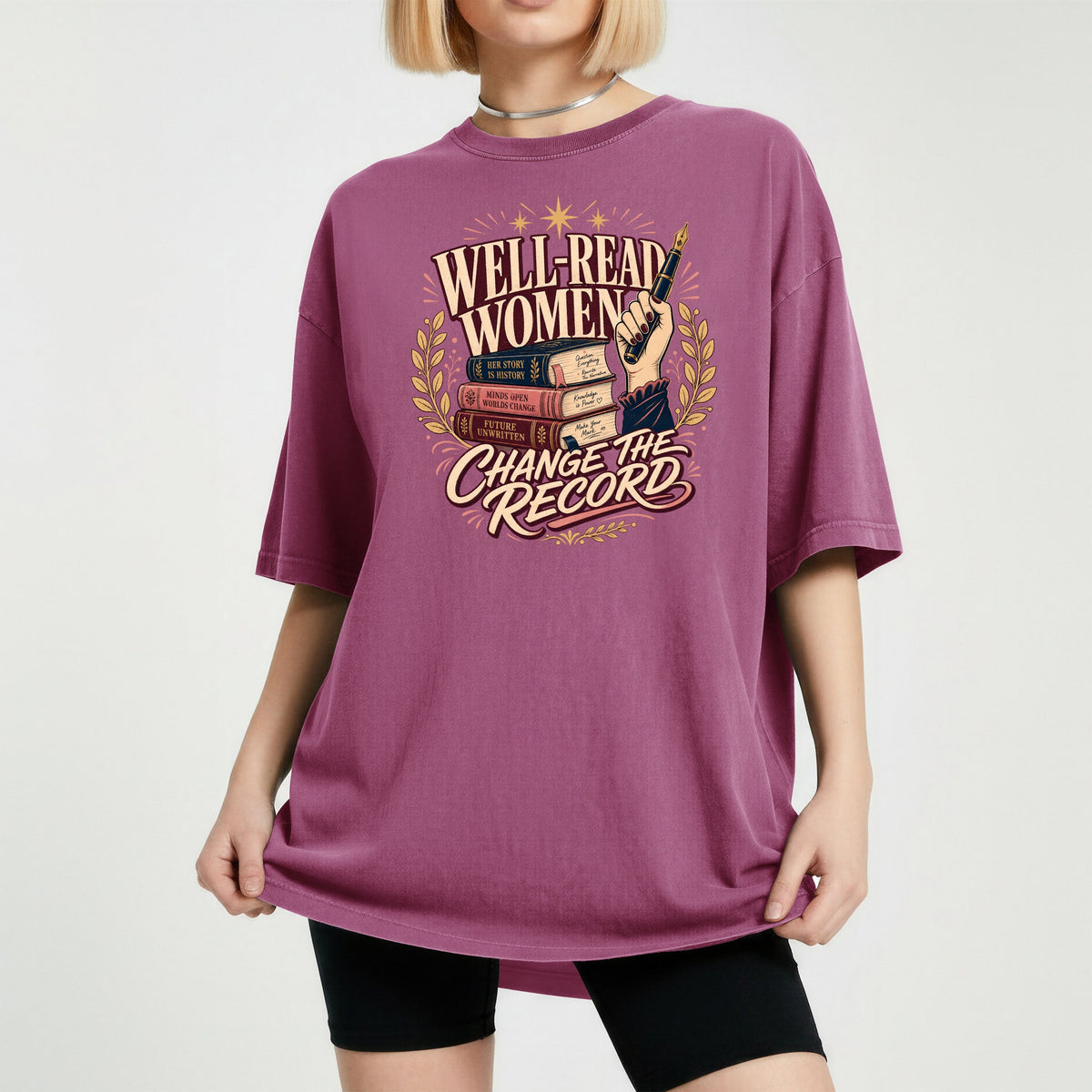 Shelf Love Studio Well-Read Women Change the Record t-shirt in Berry, worn