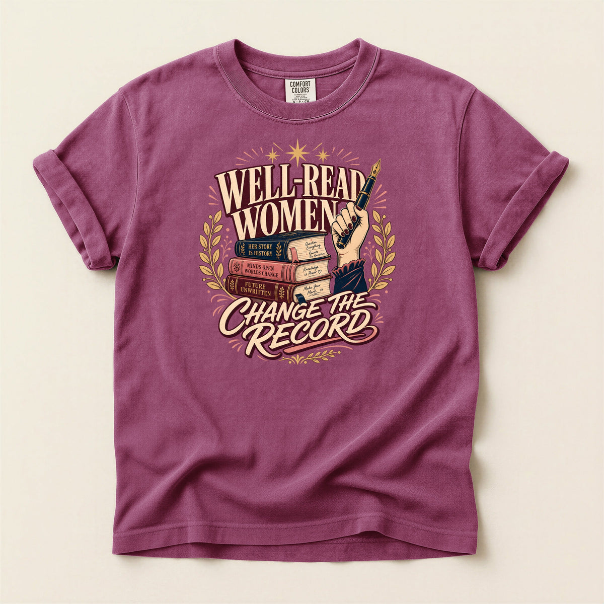 Shelf Love Studio Well-Read Women Change the Record t-shirt in Berry, flat