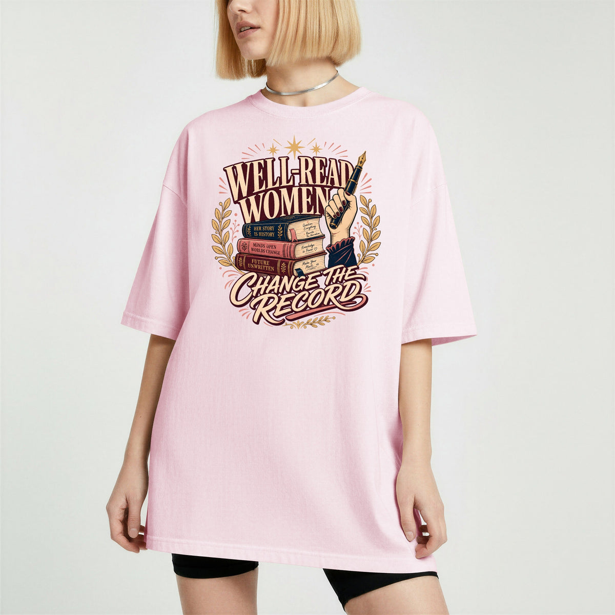 Shelf Love Studio Well-Read Women Change the Record t-shirt in Blossom, worn