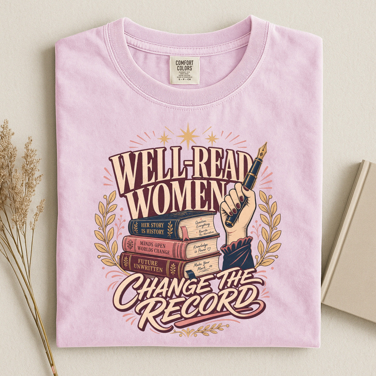 Shelf Love Studio Well-Read Women Change the Record t-shirt in Blossom, styled flat lay