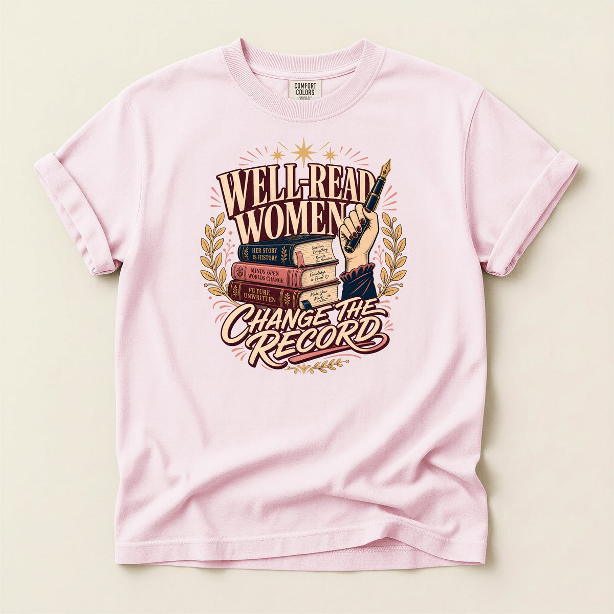 Shelf Love Studio Well-Read Women Change the Record t-shirt in Blossom, flat