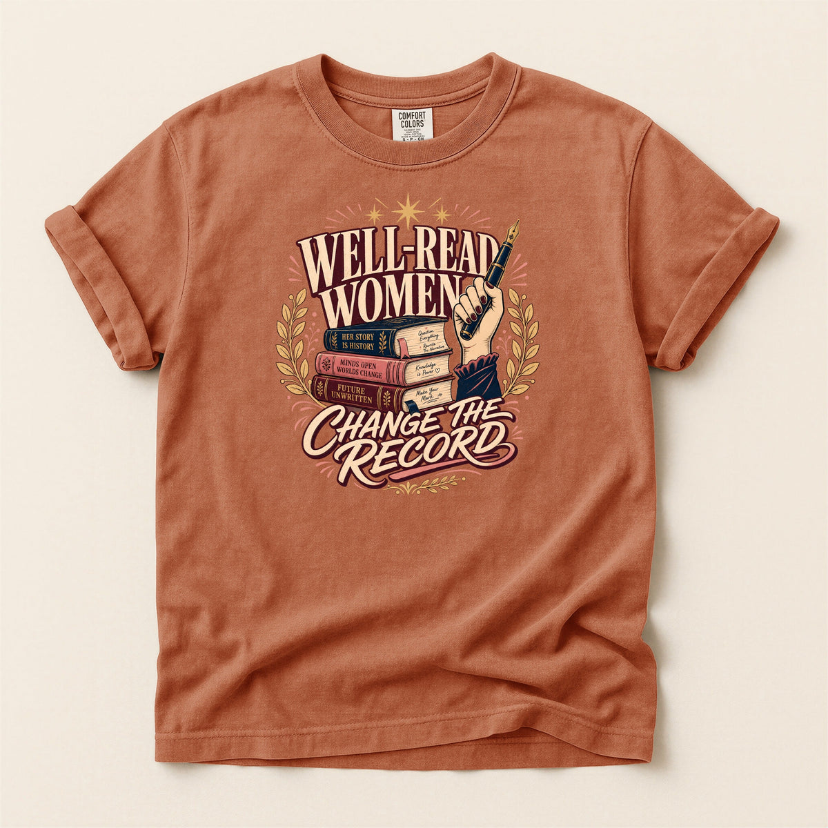 Shelf Love Studio Well-Read Women Change the Record t-shirt in Yam, flat
