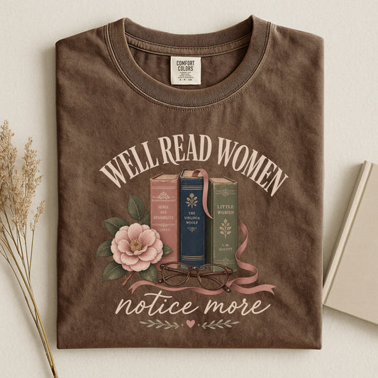 Well-Read Women Notice More bookish tee in Espresso, flat lay