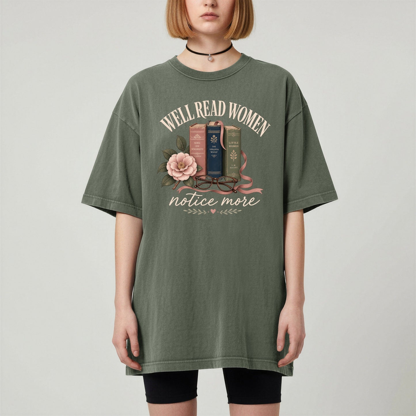 Well-Read Women Notice More bookish tee in Moss, worn