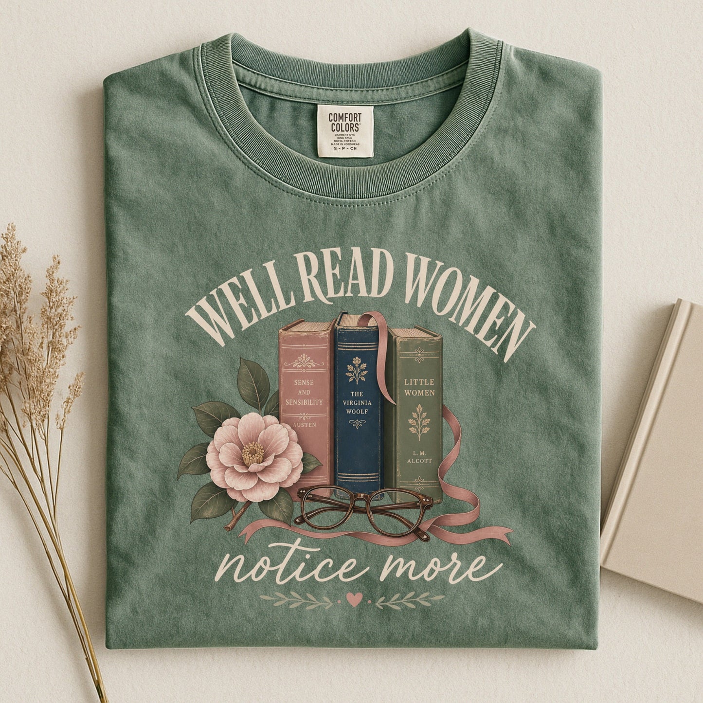 Well-Read Women Notice More bookish tee in Moss, flat lay