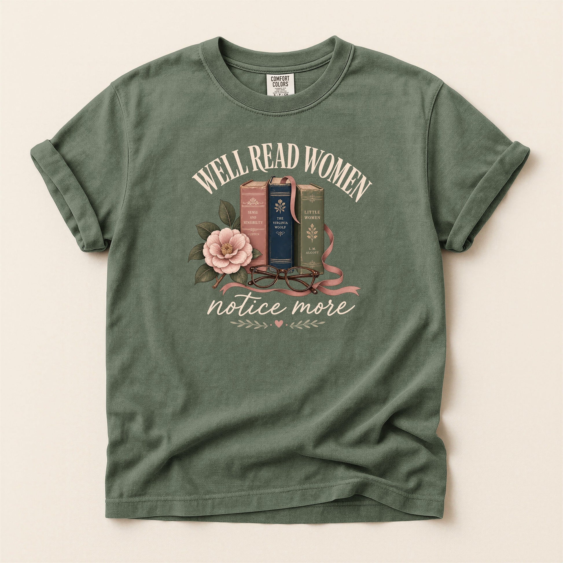 Well-Read Women Notice More bookish tee in Moss, full flat