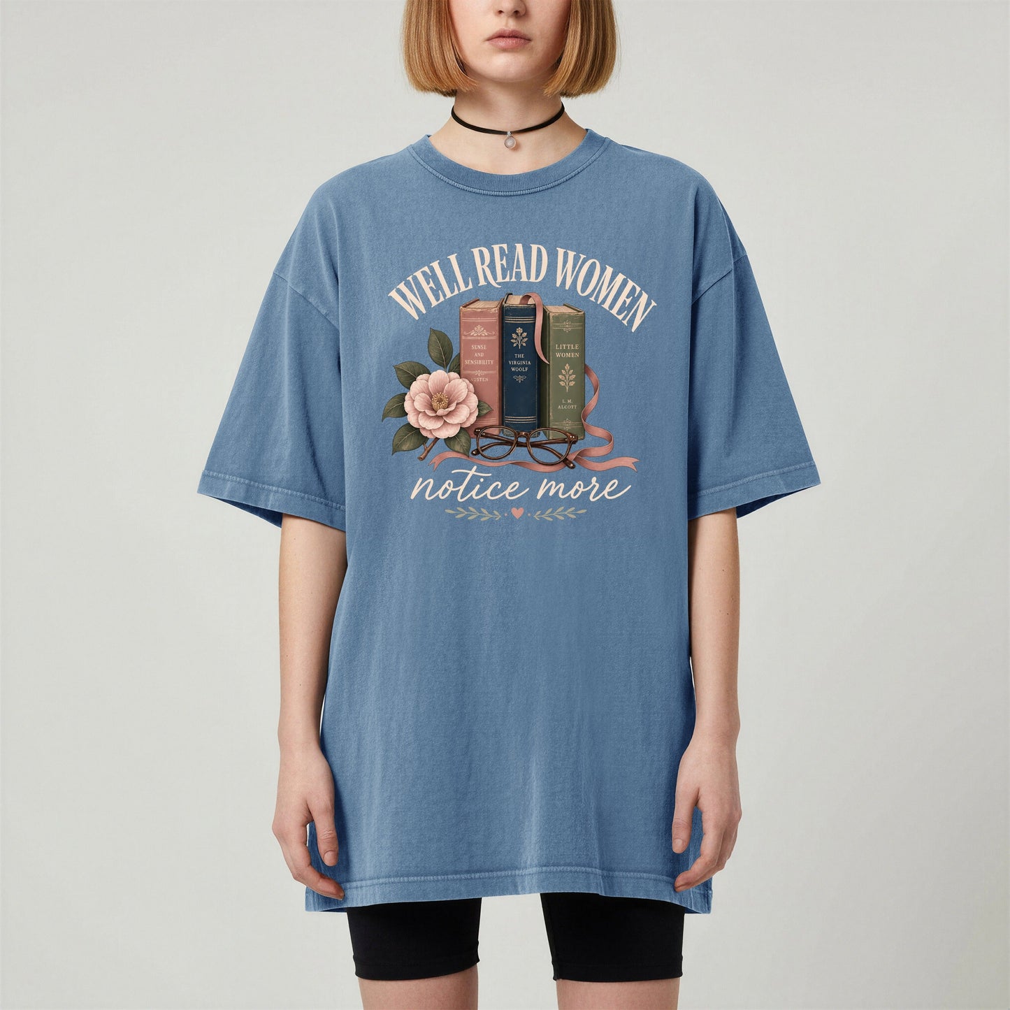 Well-Read Women Notice More bookish tee in Blue Jean, worn