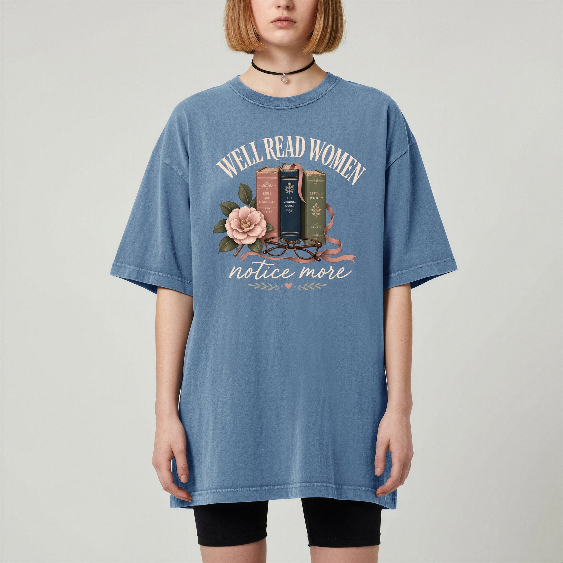 Well-Read Women Notice More bookish tee in Blue Jean, worn