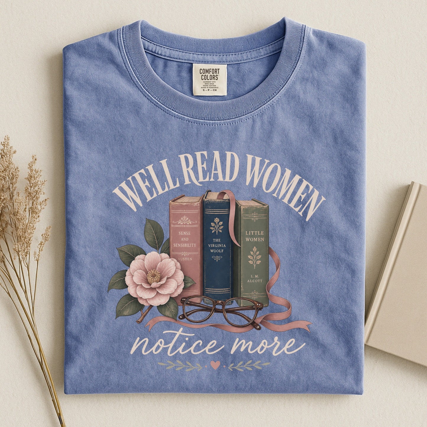 Well-Read Women Notice More bookish tee in Blue Jean, flat lay