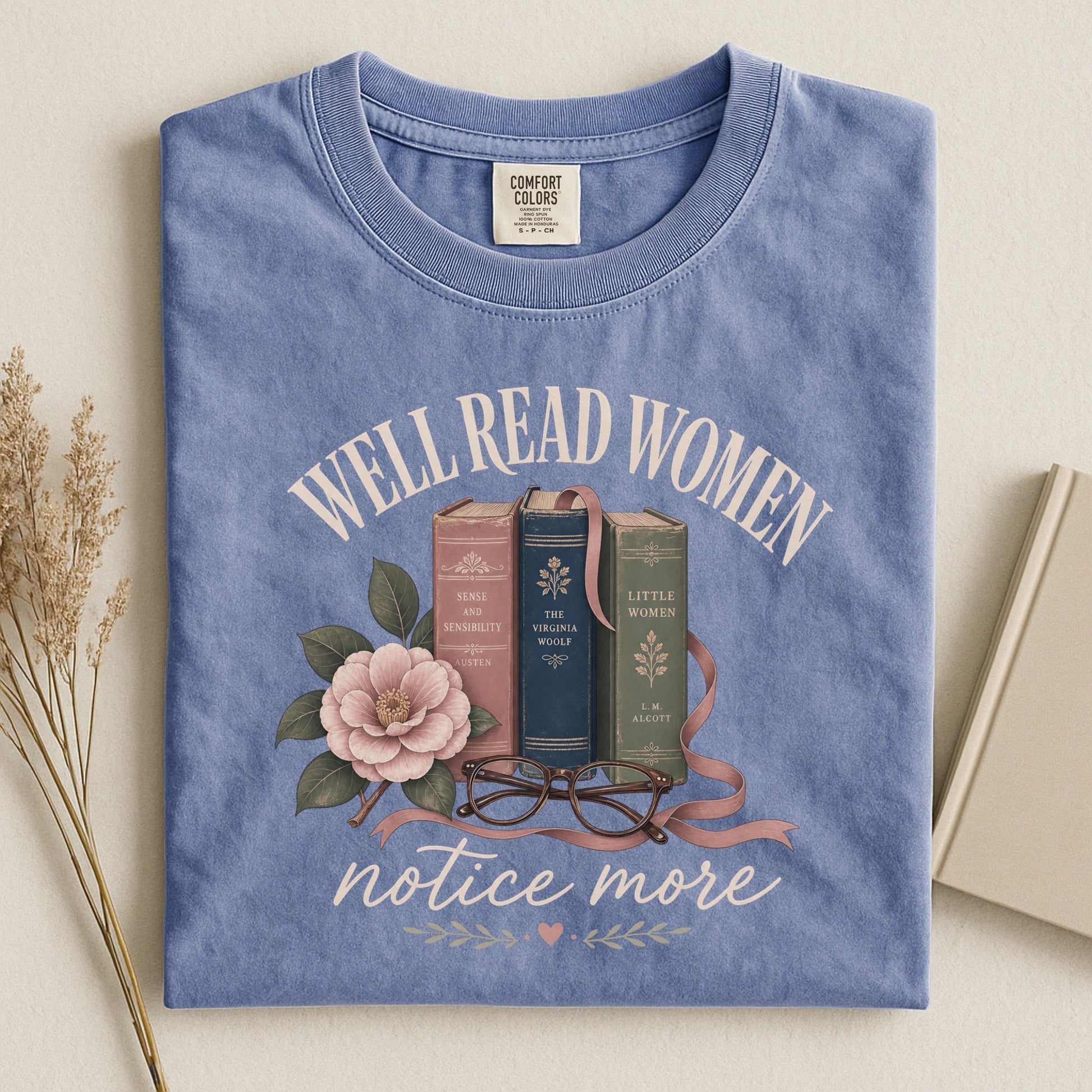 Well-Read Women Notice More bookish tee in Blue Jean, flat lay