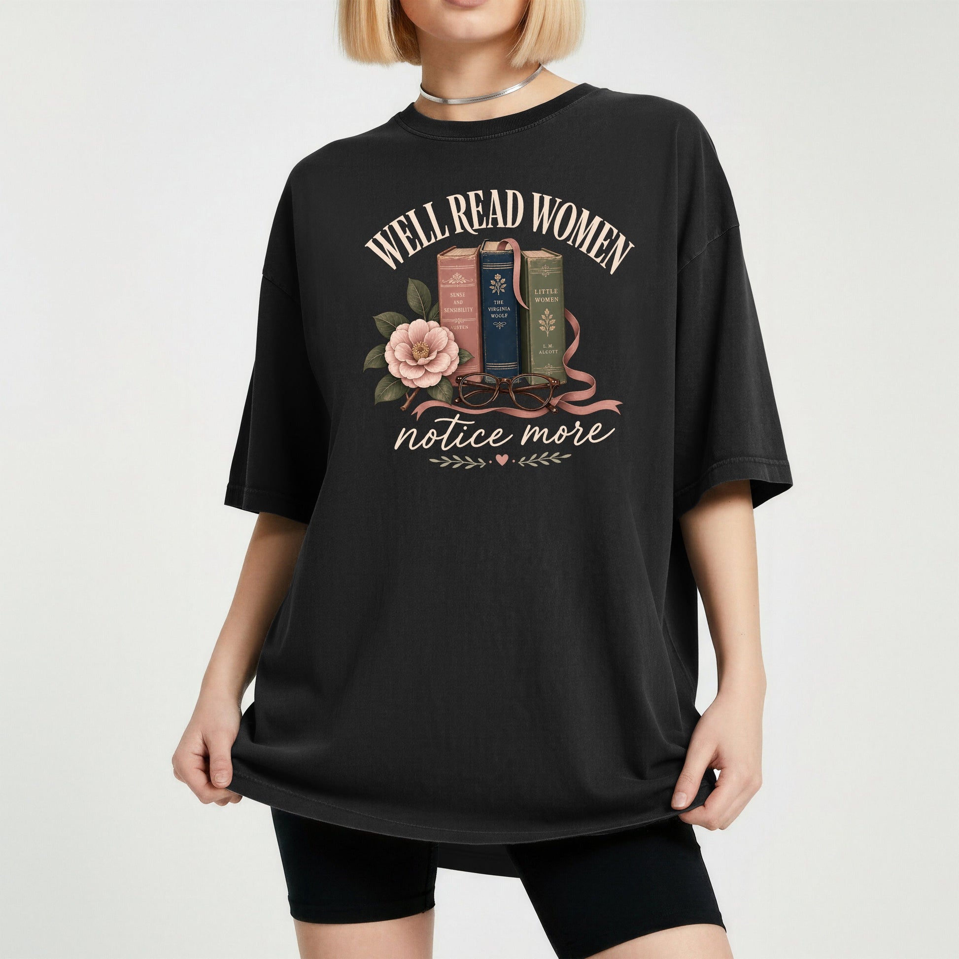 Well-Read Women Notice More bookish tee in Black, worn