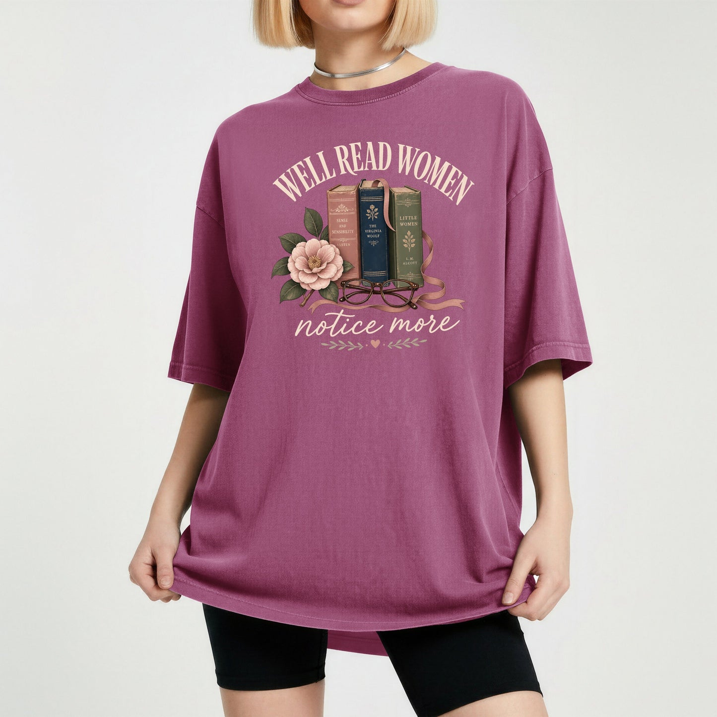 Well-Read Women Notice More bookish tee in Berry, worn