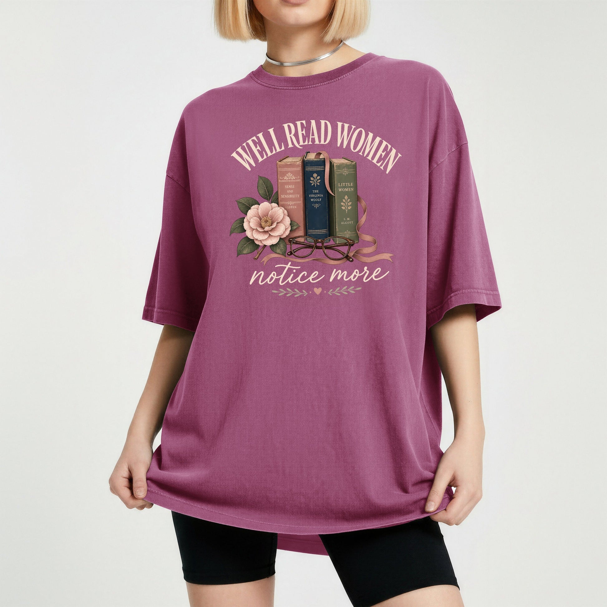 Well-Read Women Notice More bookish tee in Berry, worn