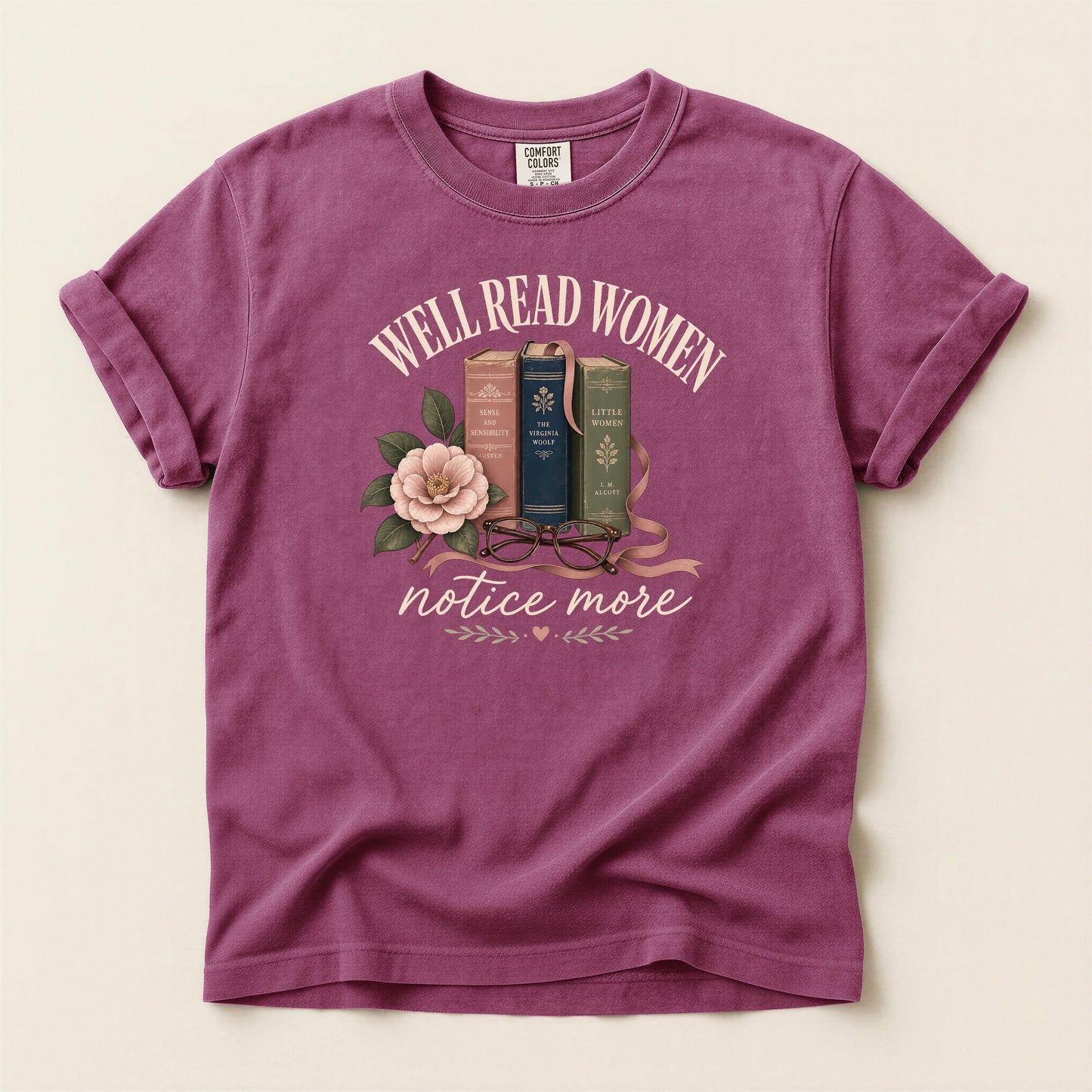 Well-Read Women Notice More bookish tee in Berry, full flat