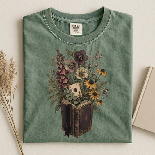 Wildflower Book Bouquet bookish tee in Moss, flat lay