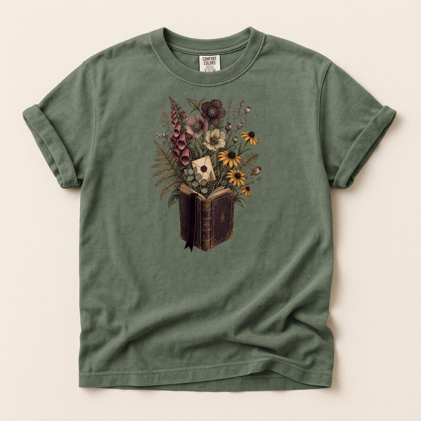 Wildflower Book Bouquet bookish tee in Moss, full flat