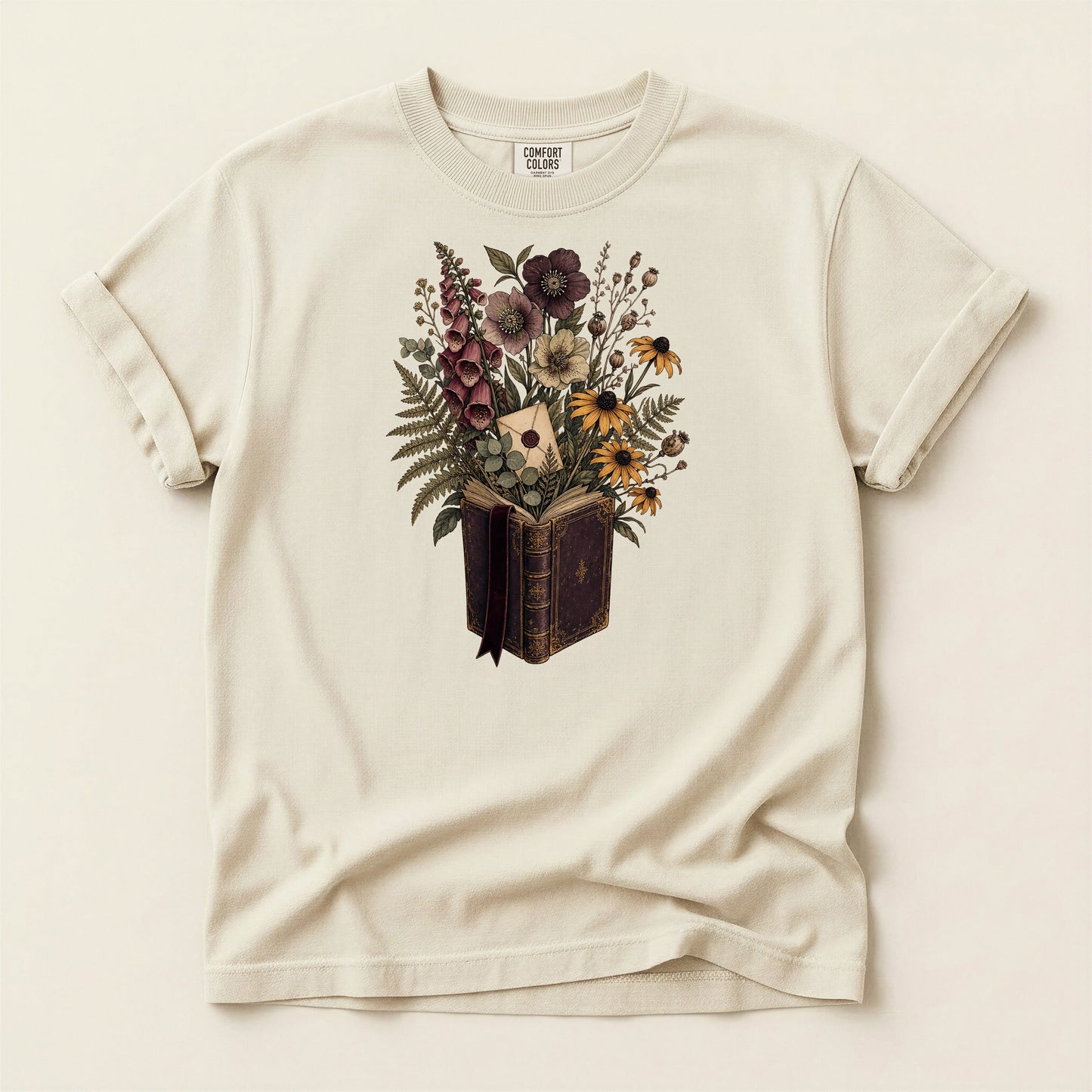 Wildflower Book Bouquet bookish tee in Ivory, full flat