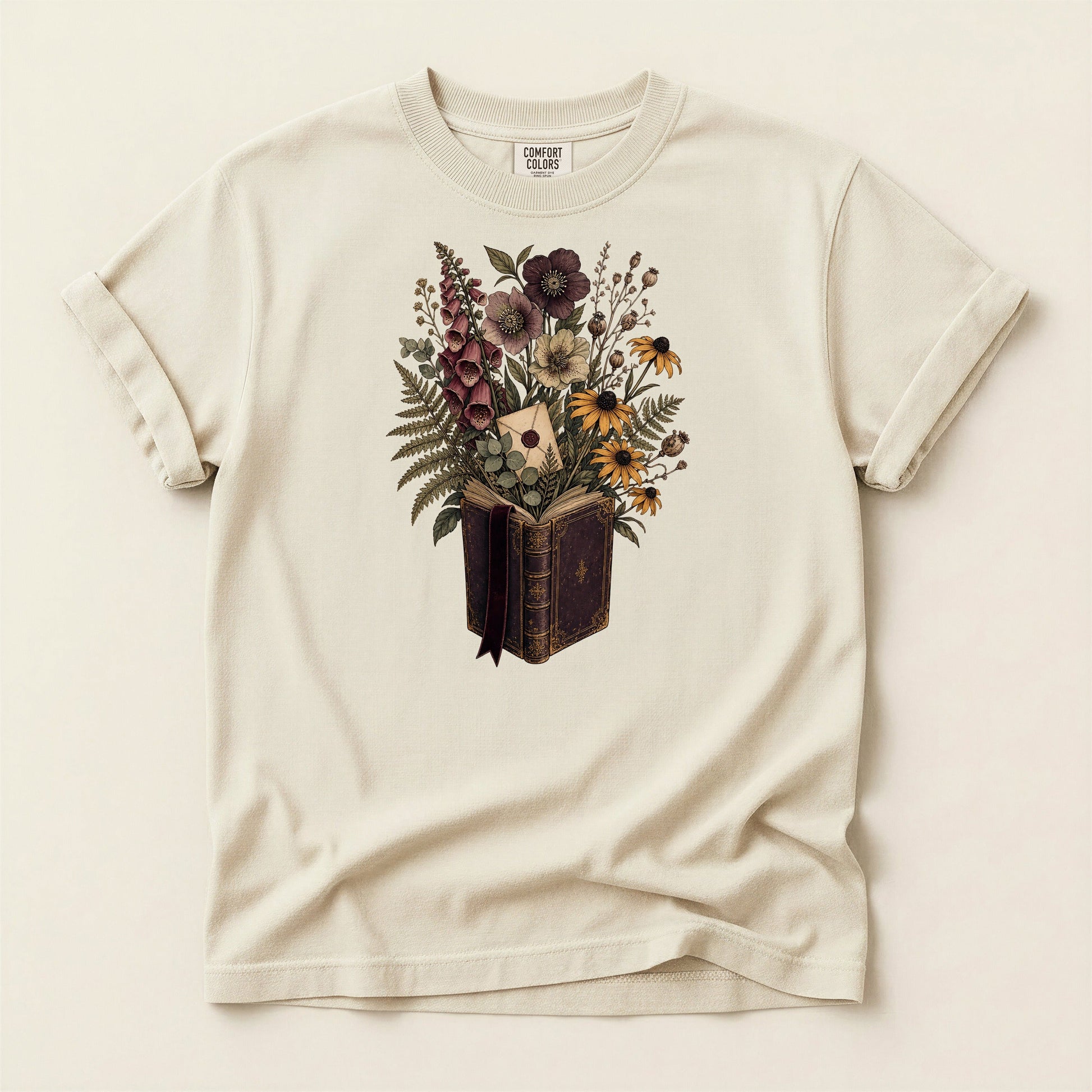 Wildflower Book Bouquet bookish tee in Ivory, full flat