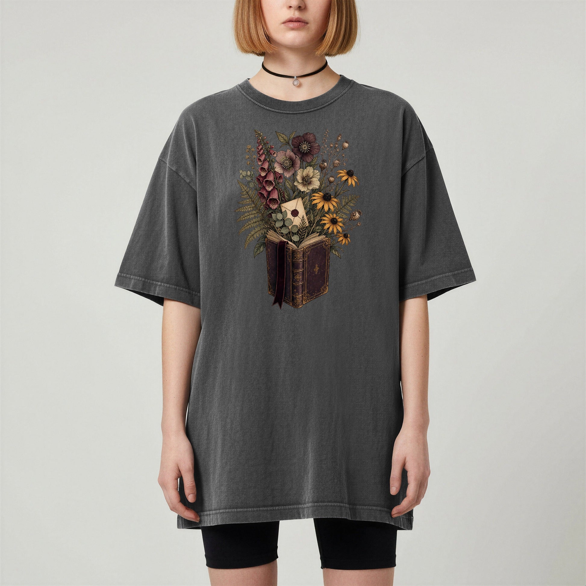 Wildflower Book Bouquet bookish tee in Pepper, worn
