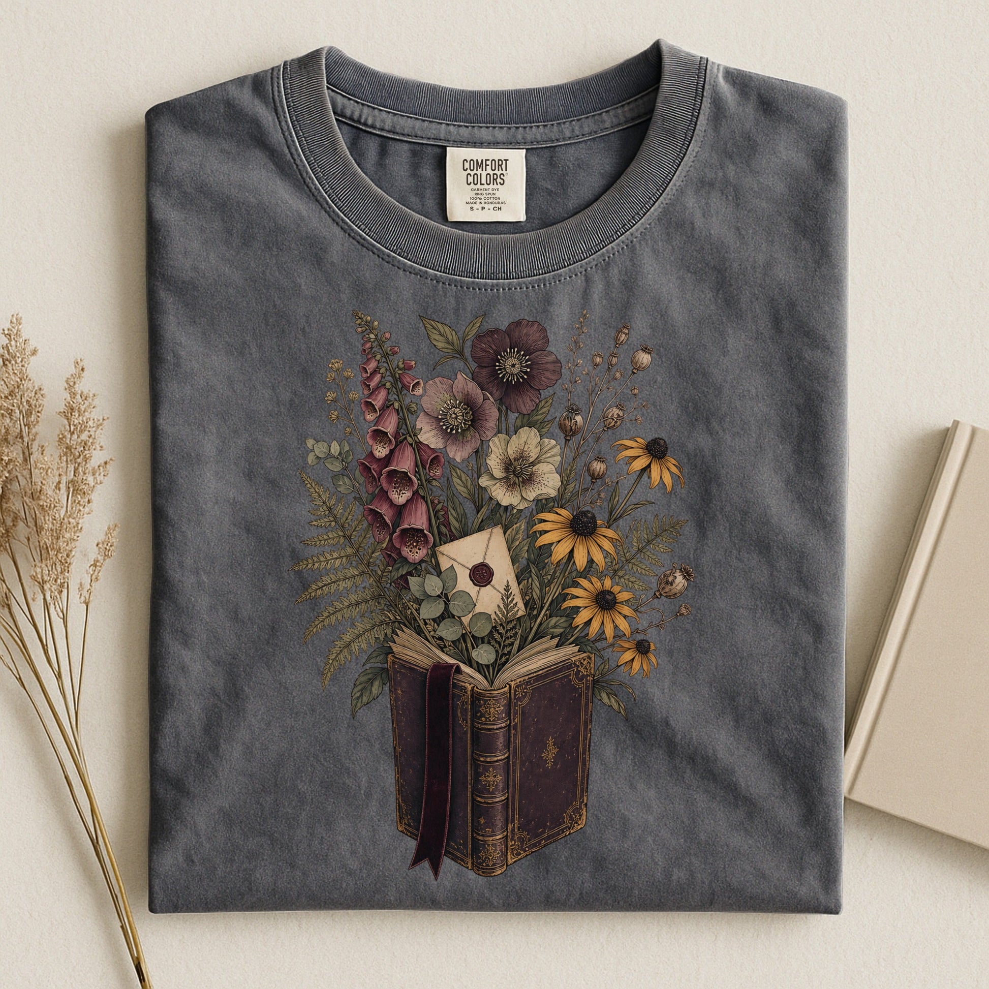 Wildflower Book Bouquet bookish tee in Pepper, flat lay