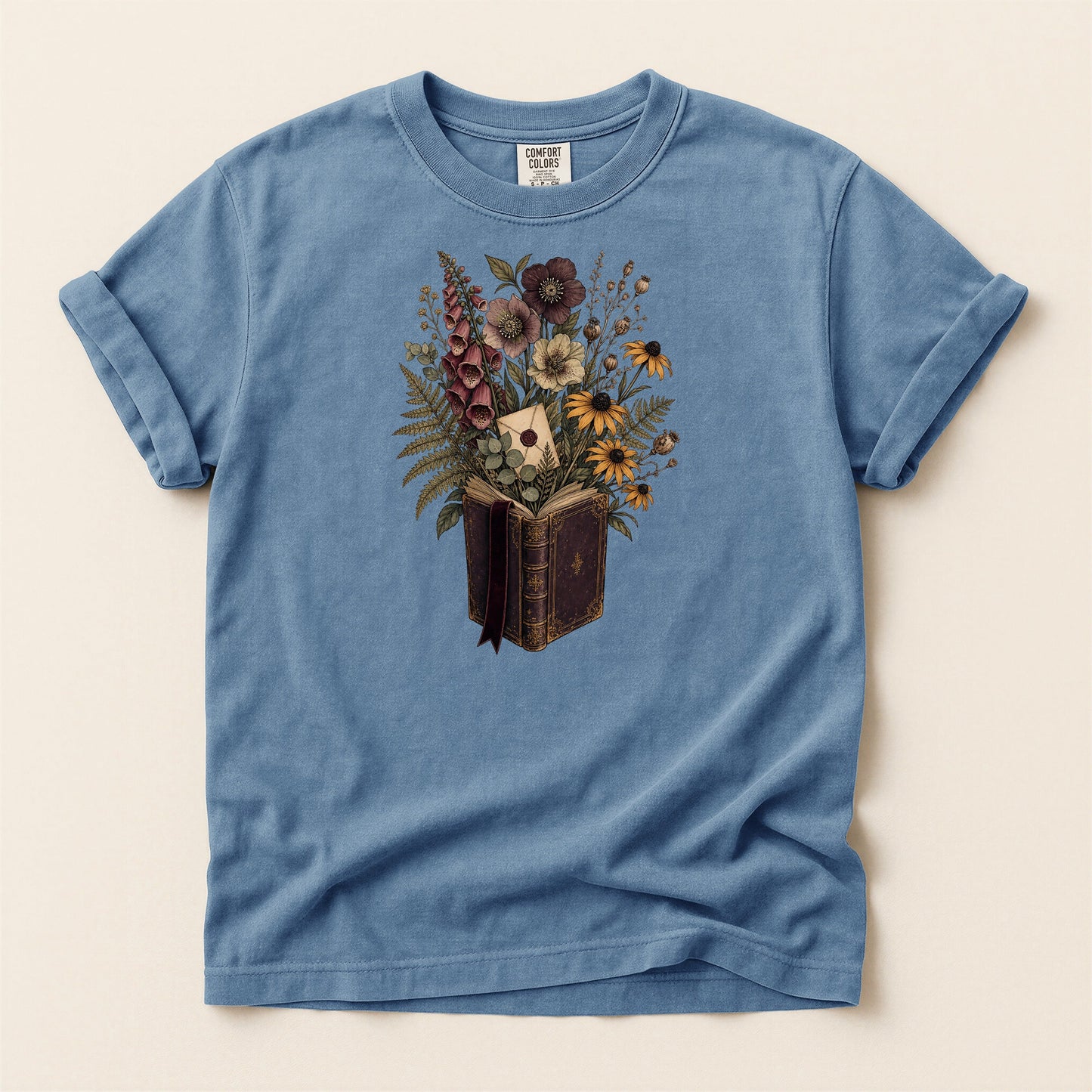 Wildflower Book Bouquet bookish tee in Blue Jean, full flat