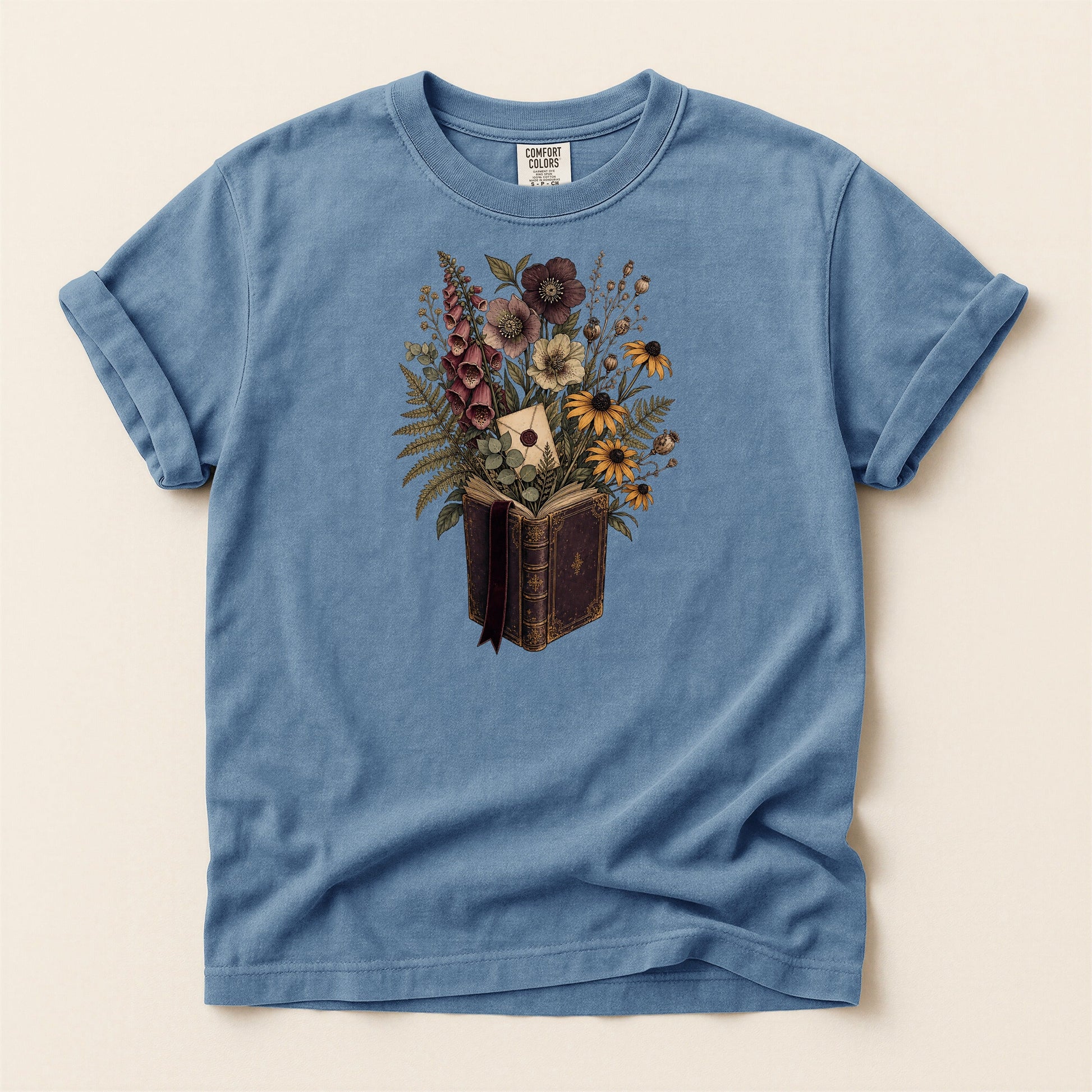 Wildflower Book Bouquet bookish tee in Blue Jean, full flat
